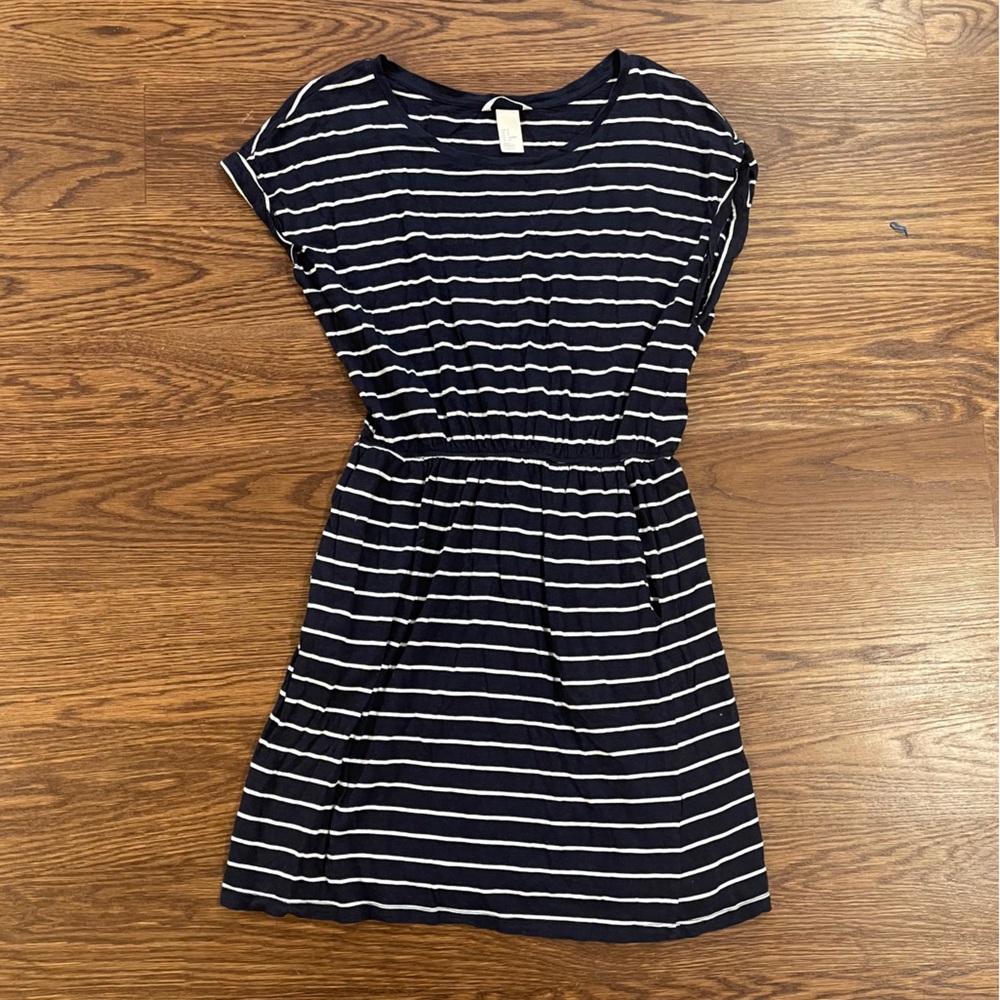 H&M Navy/White Striped Fit and Flare T-Shirt Dress